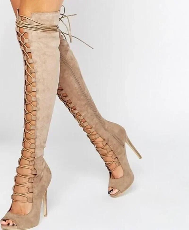 Women Boot Over The Knee Bohemian Strap Sandals Stiletto Sexy Fish Mouth Cross Strap Hollow Out High Quality Women Shoes