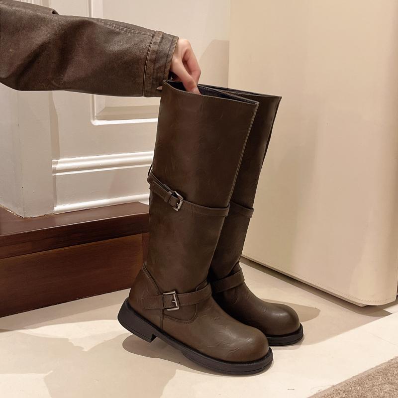 

Vintage Belt Buckle Women Knee High Boots Concise Thick Heel Slip On Shoes Autumn Winter Ladies Knight Long Booties 35