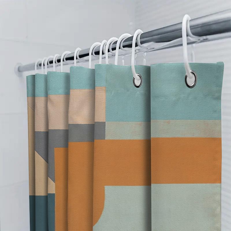 Modern Geometric Print Shower Curtain For Bathroom Decor Orange Blue Beige Design Waterproof Bath Rug Liner