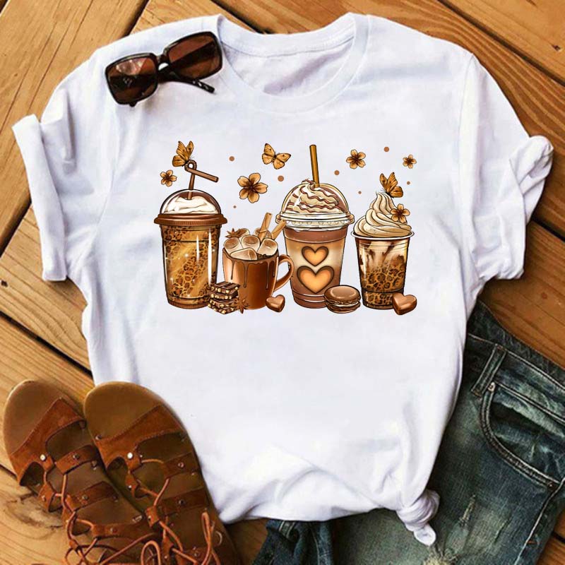 Maycaur Fashion Watermelon Coffee Printed Women T-shirts 90s Trend Cute Short Sleeve Women Female Graphic Tee Streetwear Clothes