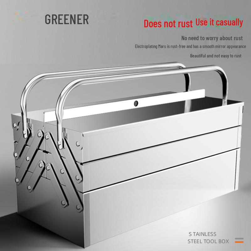 Forest Green Stainless Steel Three-Layer Folding Tool Box - Large, Portable, Industrial-grade Storage for Home and Car.