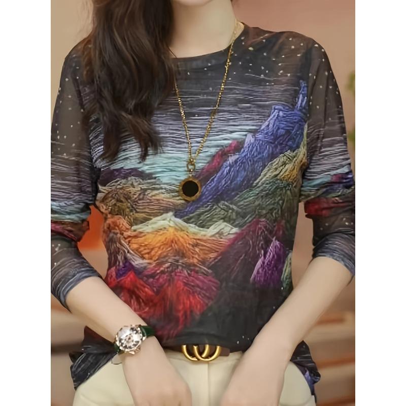 

Футболка с круглым вырезом и пейзажным принтом, Повседневный топ с длинным рукавом для весны и осени, Женская одежда 3xl