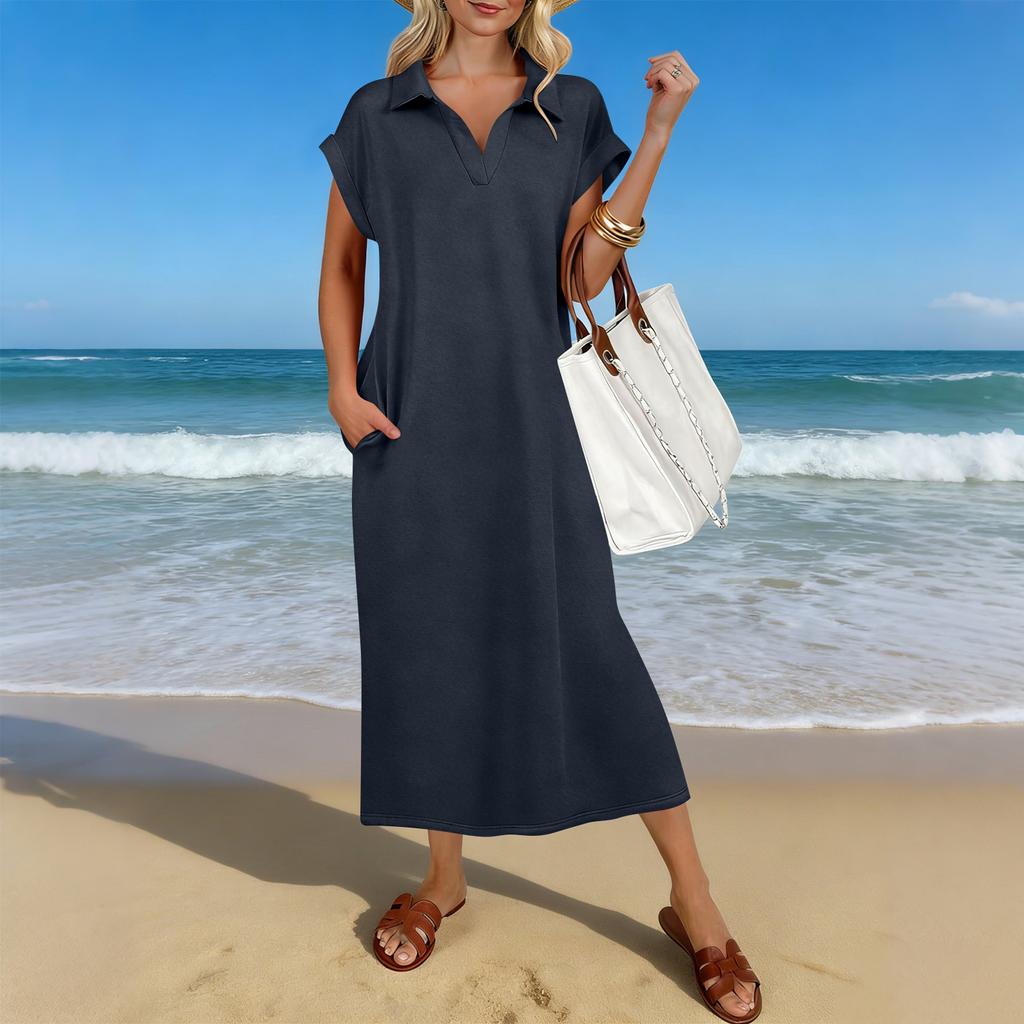 Letnia Casualowa Sukienka Midi Damska z Krótkim Rękawem i Dekoltem V, Luźny Krój, Rozcięcie na Dole, Sukienka T-Shirtowa Maxi na Plażę i do Kurortu