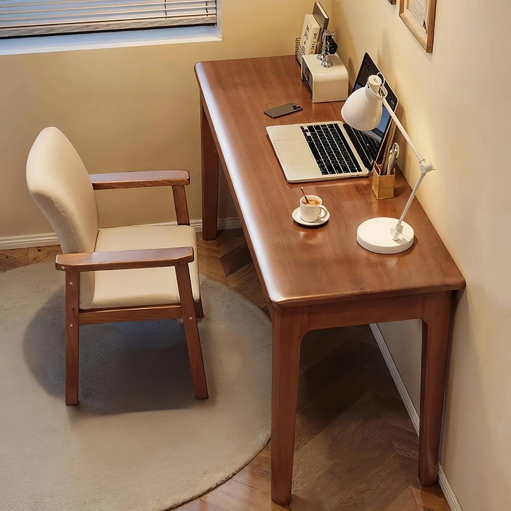 Scrivania in legno massello con cassetti, scrivania regolabile in altezza con bordi arrotondati, ideale per piccoli studi e camere da letto, in stile mid-century modern, noce