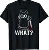 What? - Funny Cat with Knife Graphic Design Black T-Shirt