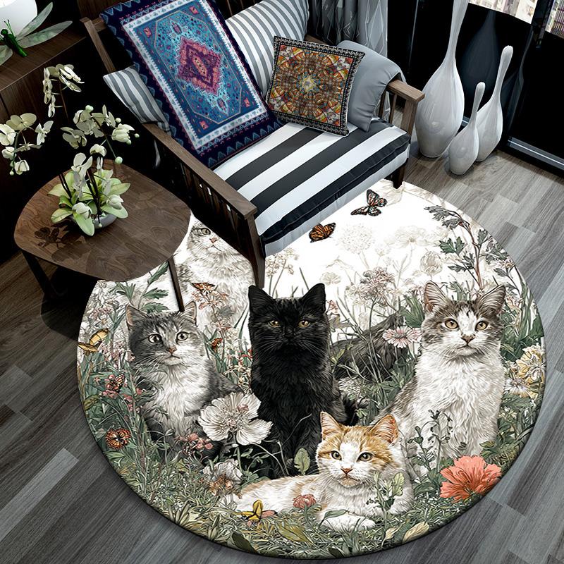 Cats Flowers Round Area Rug,Carpet Rug for Living Room Bedroom Sofa Playroom Decor,Non-slip Floor Mat