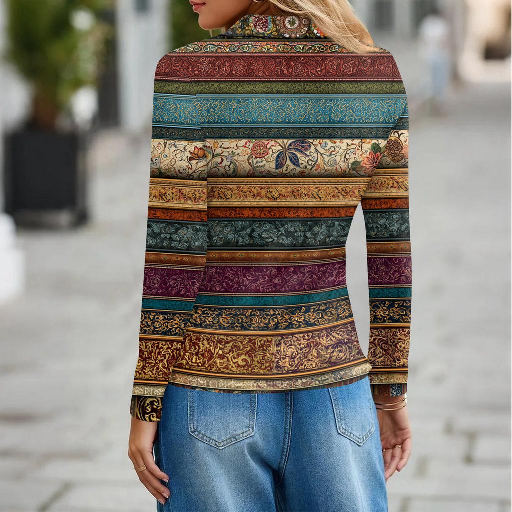 Damenmode Casual Revers Kurze Langarm Print Shirt Damen Button Up Tops
