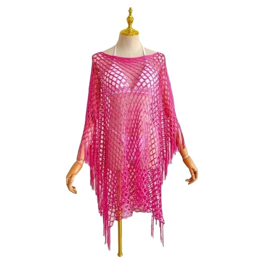 Tassel Sunscreen Cover-up Loose Fit Knit Hollow Out Top Fashion Fishnet Swimsuit Cover Up  Vacation