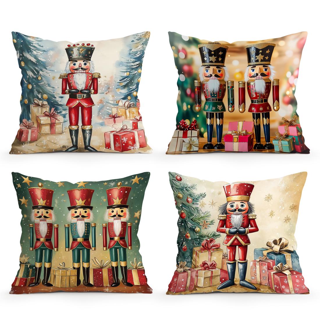 Christmas Nutcracker Cushions Pillowcase Polyester Cushion Cover Throw Pillow Sofa Decoration Pillowcover Home Decor 4PCS