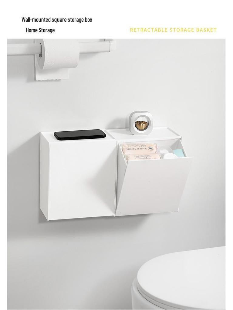 Wall-mounted Square Storage Box with Semi-lift Lid for Sundries, Bathroom Tissue, Mobile Phone, Trash Bag, Dustproof Storage
