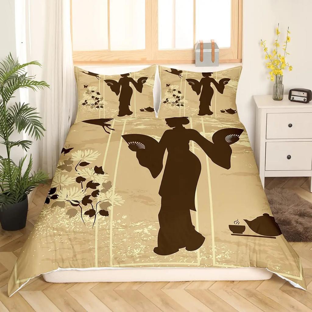 Japanese Geisha King Queen Duvet Cover Red Woman Bedding Set For Kids Teens Adults Koi Fish Eastern Culture 2/3Pcs Quilt Cover