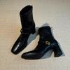 French square head high heel thin boots women's 2025 autumn and winter new retro thick heel elastic short boots black fashion boots