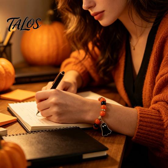 Halloween Elastic Beaded Bracelet for Women, Orange Black Beads Stretch Stylish Holiday Accessory Girls with Ghost Charm, Stackable Party Handmade