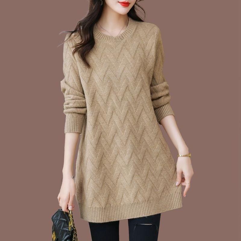 Women's Mid-length Sweater Loose Korean Style Large Size Pullover Outer Wear Pure Color Casual Long-sleeved Knitted Shirt