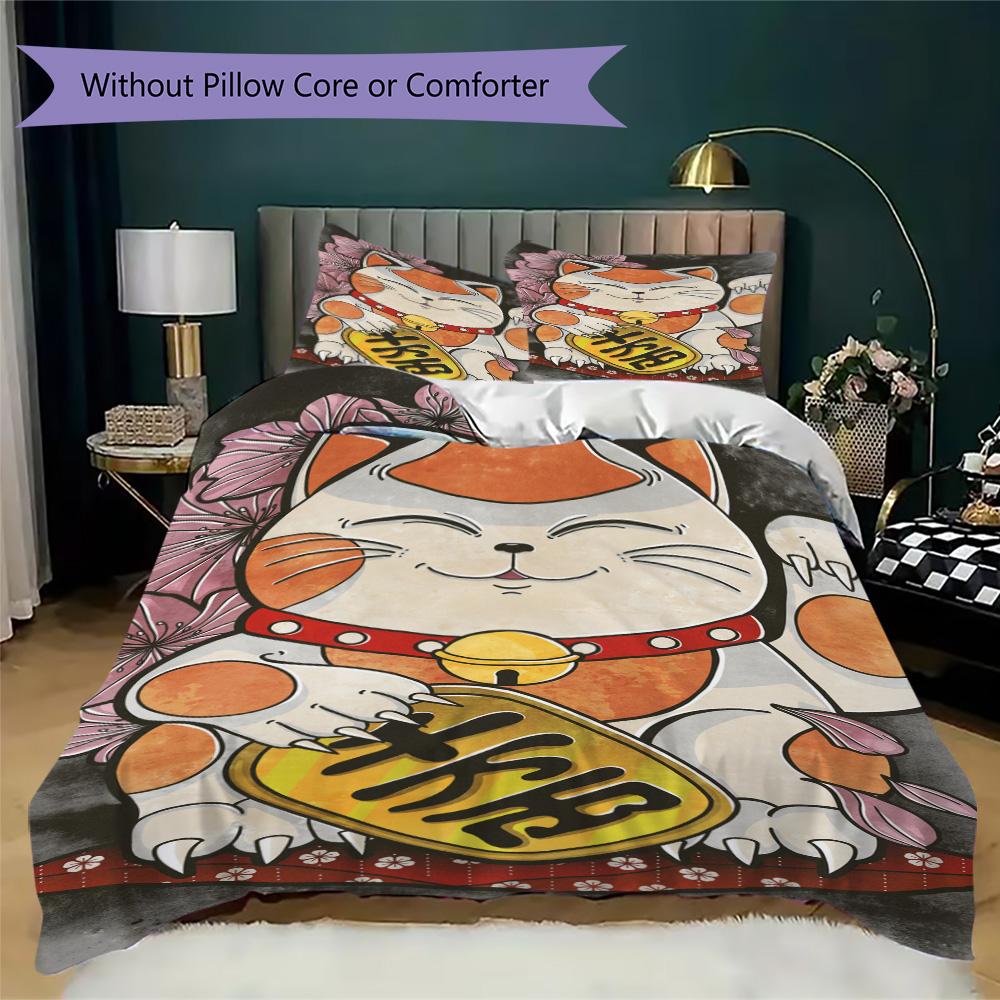 Lucky Cat Pattern Bedding,Quilt Set Quilt Cover Pillowcase Home Birthday Gift (1*duvet cover+2*pillowcase,without core)ZSJT0917220