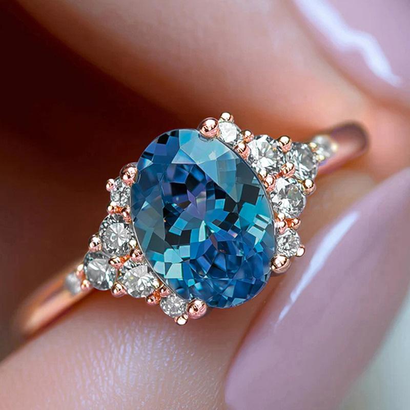 Sea Blue Elliptical Cut Zirconia Rings for Women Elegant Gorgeous Dance Party Banquet Shining Ring Dainty Jewelry