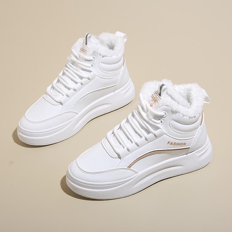 Ins Plush Velvet High-Top White Women's Sneakers - Korean Style, Warm, Versatile, Casual, Winter 2025 (Model: SH889)