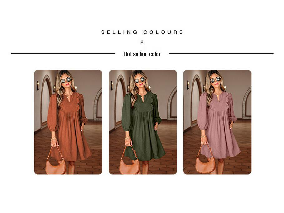 European & American Women's Pointed Collar Midi Dress: Solid Color, High Waist, 3/4 Sleeve Pullover.