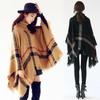 European and American High Neck Plaid Cape - Batwing Sleeve Knitted Pullover Shawl for Women