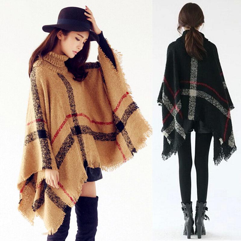 European and American High Neck Plaid Cape - Batwing Sleeve Knitted Pullover Shawl for Women