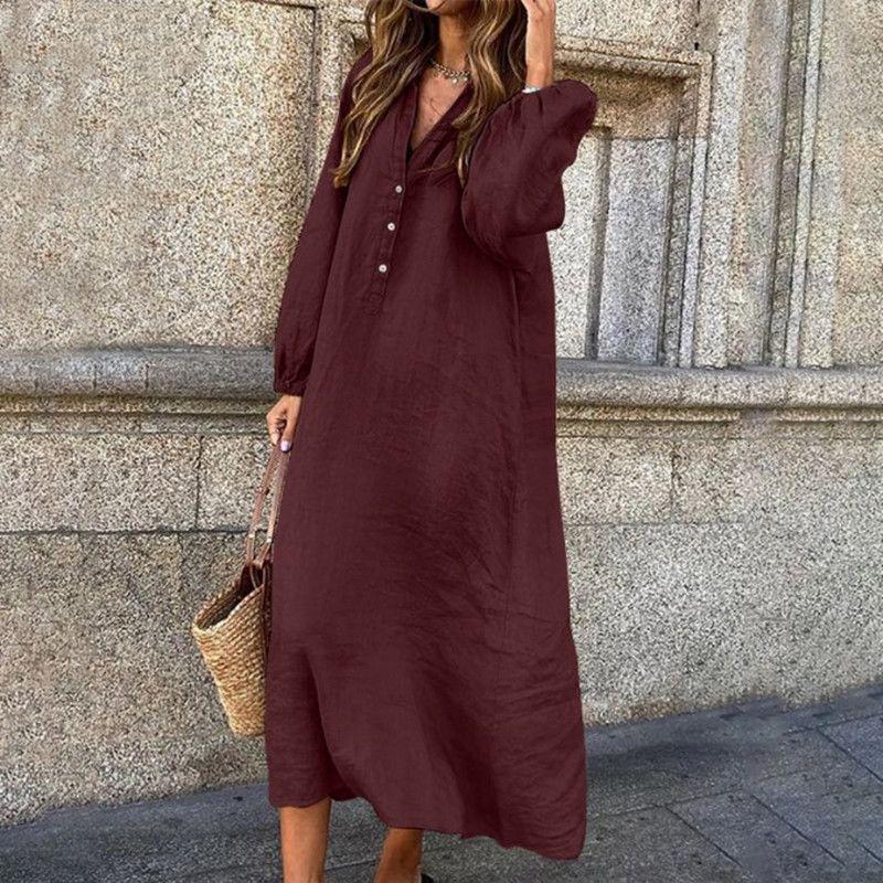 Versatile V-Neck Midi Dress: Cotton Linen, Long-Sleeve, Plus Size, Loose Fit