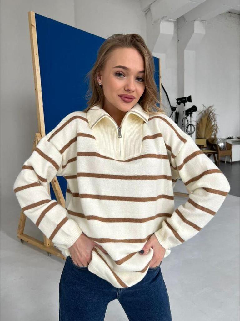 Europeisk och Amerikansk Färgblock Randig Halvdragkedja Stor Storlek Stickad Tröja Kappa