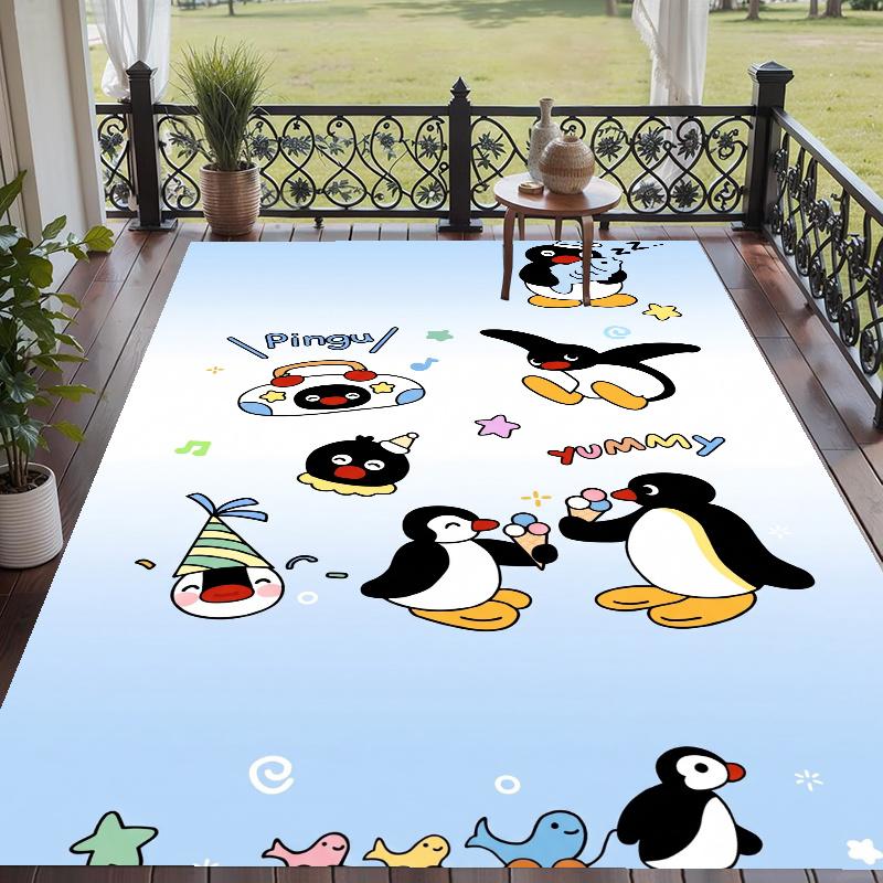 Crystal Velvet Rug with Pingu Design, Soft Non-Slip Floor Mat for Living Room Bedroom Decor