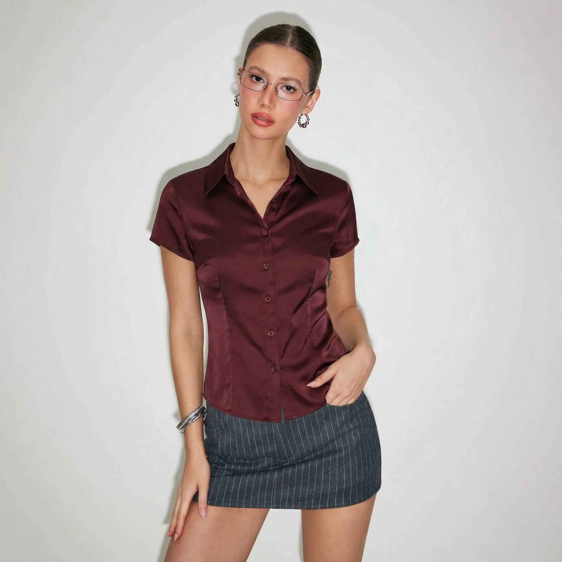 French satin premium slim-fit short-sleeved shirt women s waist slim lapel commuter business Spice Girl style top XS бордовый
