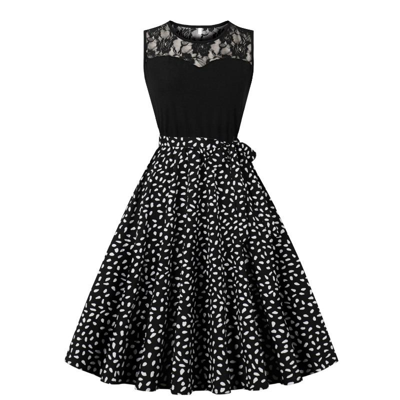 

Летнее новое ретро платье кружево круглый вырез без рукавов принт стежок маятниковое платье XXL