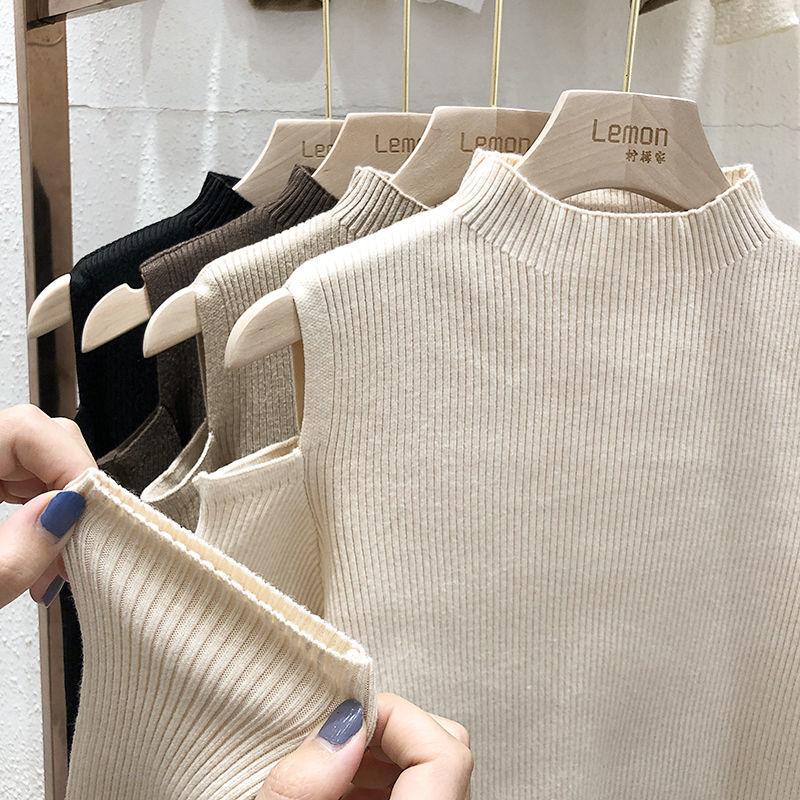 WTEMPO Moda Tops Jersey Mujer Hombros Descubiertos Manga Larga Otoño Nuevo Fondo Camiseta de Punto Cuello Mock Suéter Femenino