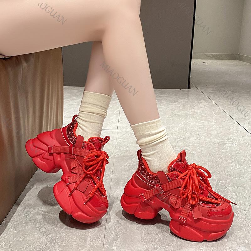 Fashion Women Platform Sneakers Spring Autumn 8cm Chunky High Heels Bling Red Ladies Wedges Casual Dad Shoes Leather Sports Sneakers