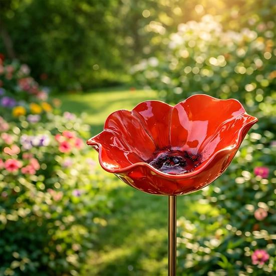 Blomsterstolpe i metall, pollinatorvänlig vattenmatare, fågelbad utomhus med stolpe, bi-vattningsstation för trädgård, gräsmatta, gårdsdekoration