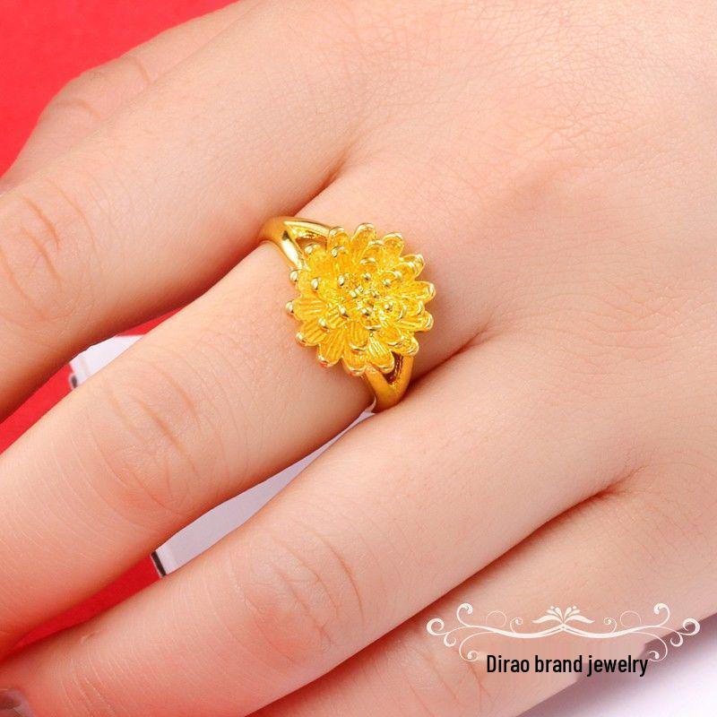 Adjustable Gold-Plated Vietnamese Sand Flower Ring for Women