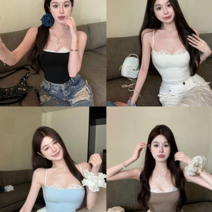 Women's Summer Lace Camisole Short Ruffled Vest Patchwork Slim Fit Lining Hot Girl Chest Pad Sexy Top