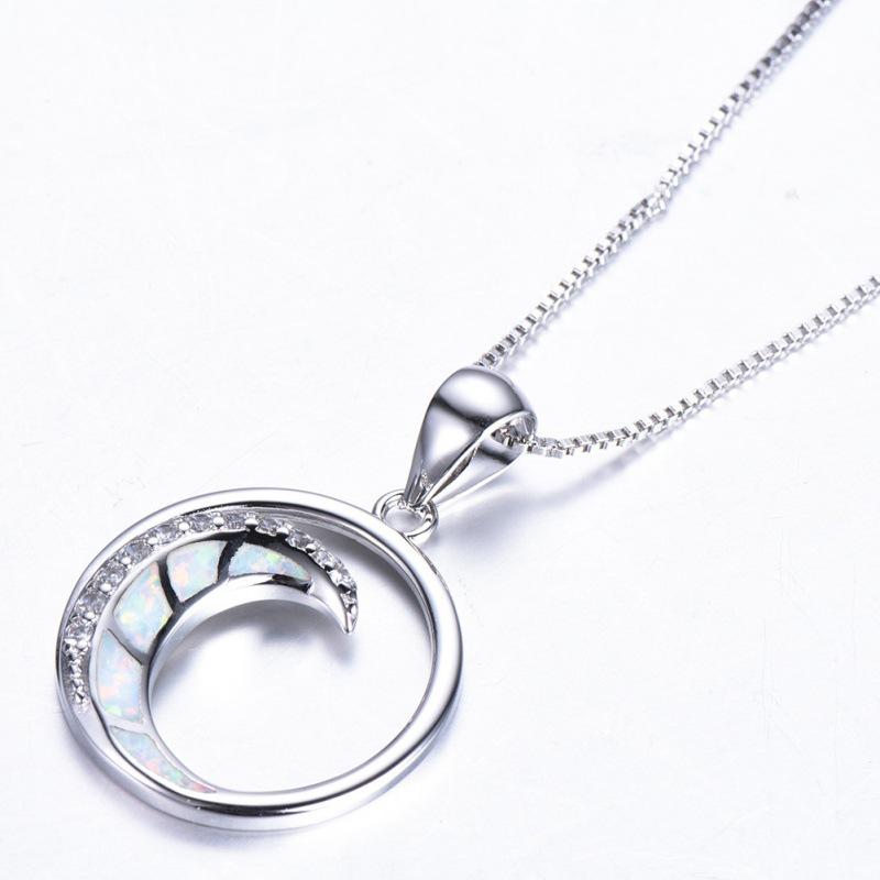 Hot White Orb with White Diamonds Moon Shaped Glossy Circle Pendant Necklace Stylish Simple Necklace