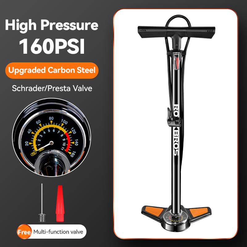 ROCKBROS Bicycle Pump 160psi High Pressure Car Motorcycle Balls Manual Air Inflator Pump Barometer Gauge Bike Cycling Tire Pump GP6532B 160psi