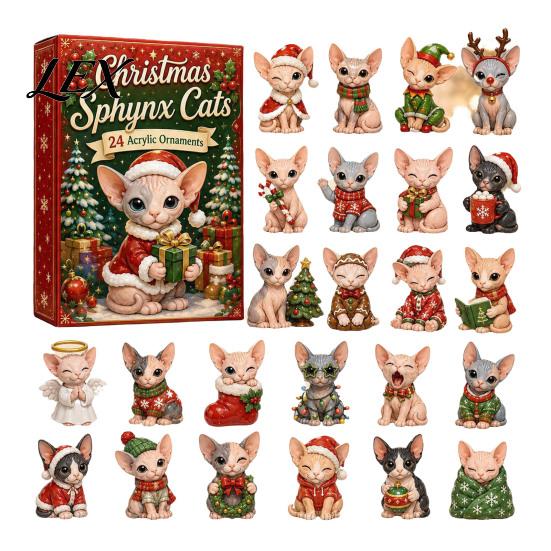 Decorative Christmas Accents Cat Advent Calendar, 24 Day Countdown with Cute Ornaments, Calendar for Boys 2D Acrylic Kitty Holiday Decorations,