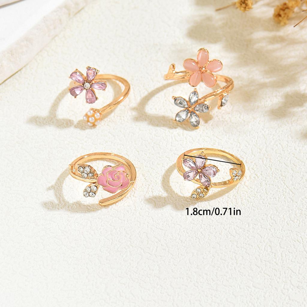 4Pcs Romantic Flower Ring Set Rose Enamel Crystal Imitation Pearl Open Stackable Rings For Women Spring/Summer Party Daily Wear