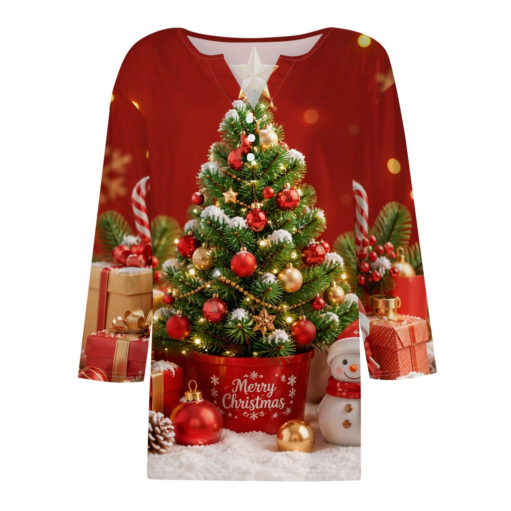 Women's Stylish Casual Christmas Print V-Neck Button Three-Quarter Sleeve T-Shirt