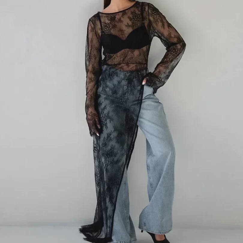 Schwarzes asymmetrisches Schlitzkleid aus Spitze: Europäische und amerikanische Frühjahrs-/Sommermode 2024