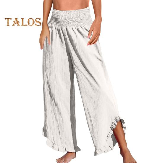 Pantaloni Casual pentru Femei, Plisați, Elastici, cu Talie Înaltă, cu Picior Larg, Pantaloni Lungi cu Buzunare, Manșete cu Volane, Croială Lejeră, Pantaloni de Timp Liber