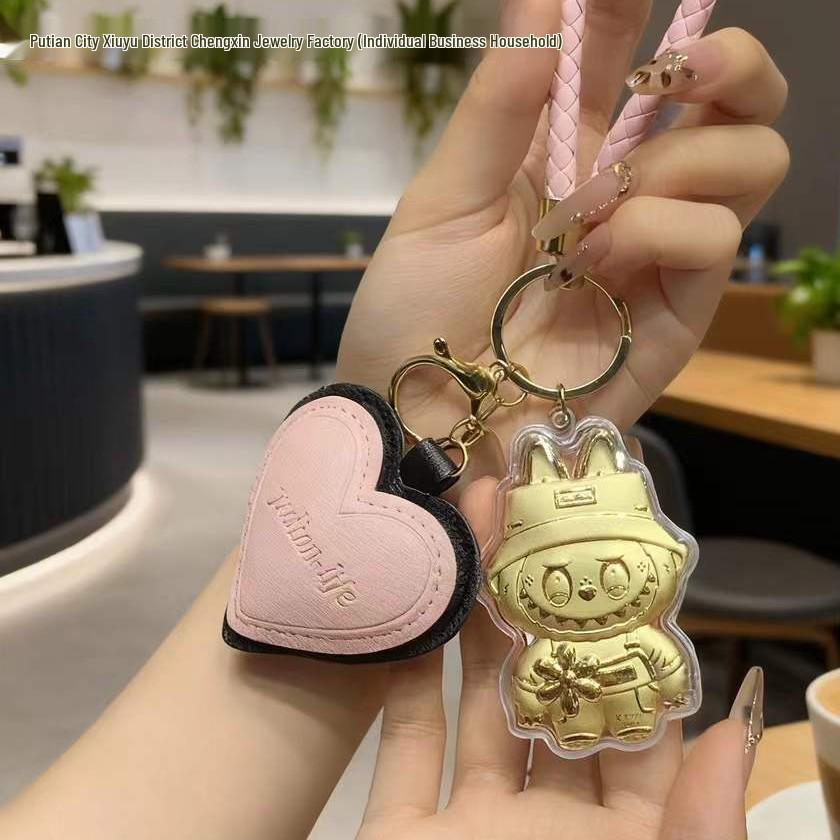 999 Pure Gold Labubu Keychain & Phone Charm with Gold Ornament: Cartoon Bag Charm Gift