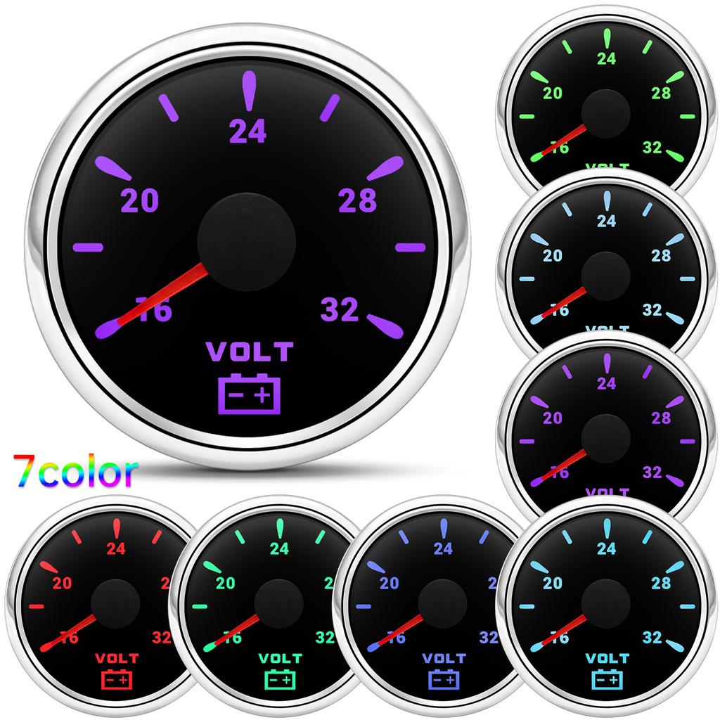 52MM Pointer Voltmeter Waterproof 7 Colors Backlight Voltage Meter 8-16V 16-32V VOLTS for 12V 24V Car Auto Boat Yacht RV Marine