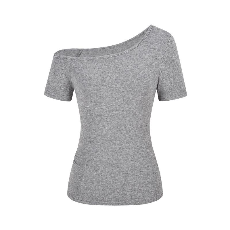 Design Sense Off-Shoulder Spice Girl Short Sleeve T-Shirt Women's Summer New Slim and Skinny Solid Color Versatile Pullover