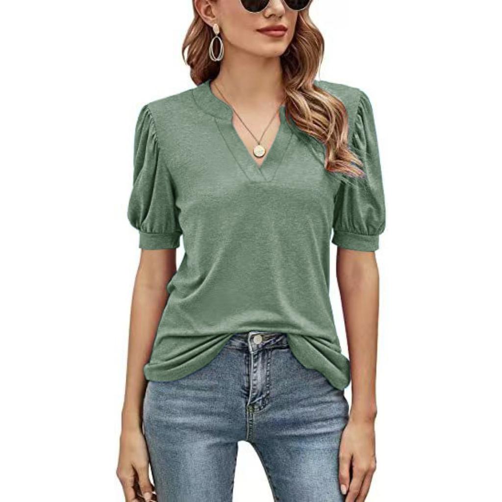 Summer Women's Casual V-Neck Solid Color Puff Sleeve Loose T-Shirt Top for Women European & American Crossborder Apparel