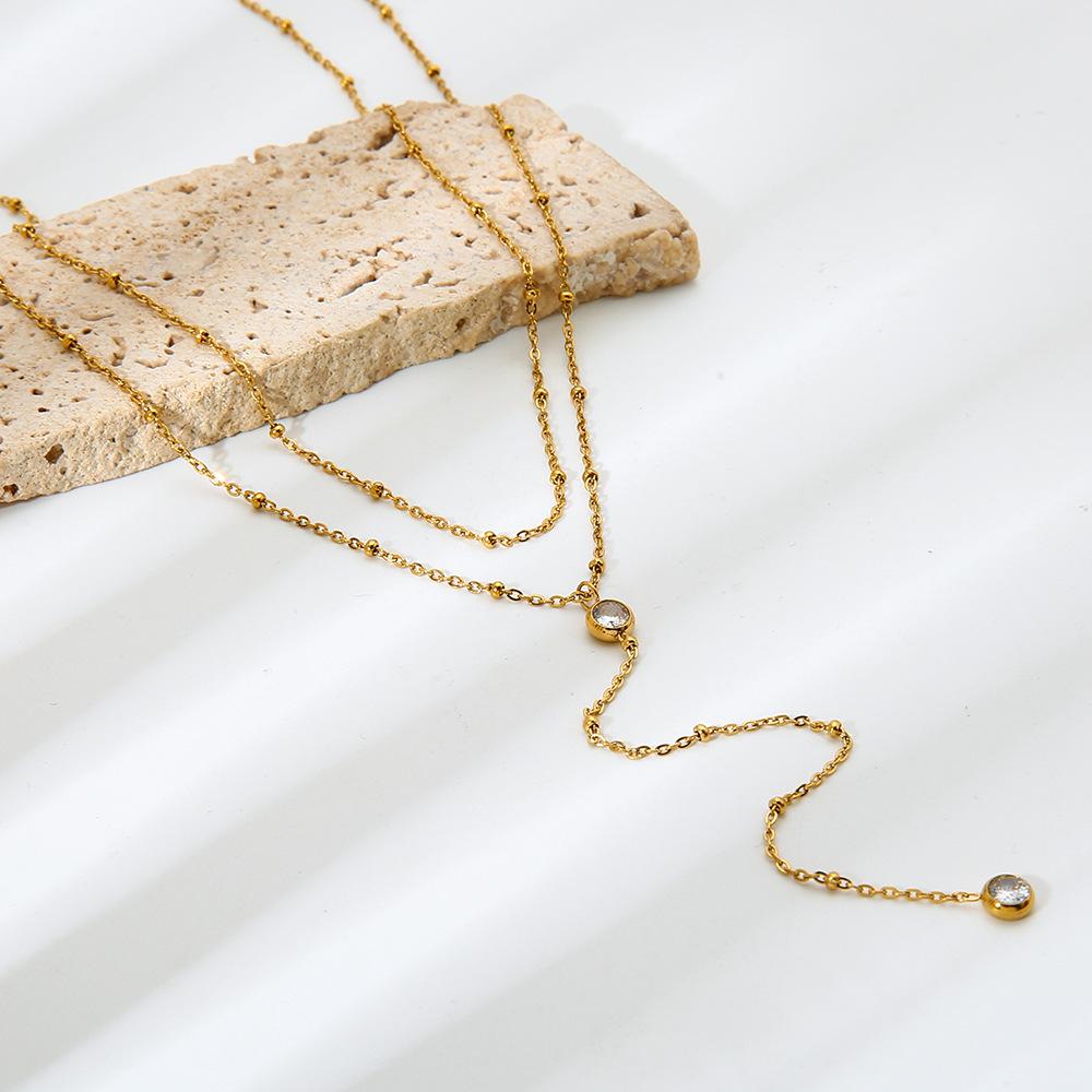 INS Fashion Design Sense Round Zircon Long Tassel Double Layer Necklace Plated 18K Gold Stainless Steel Sweater Chain Women