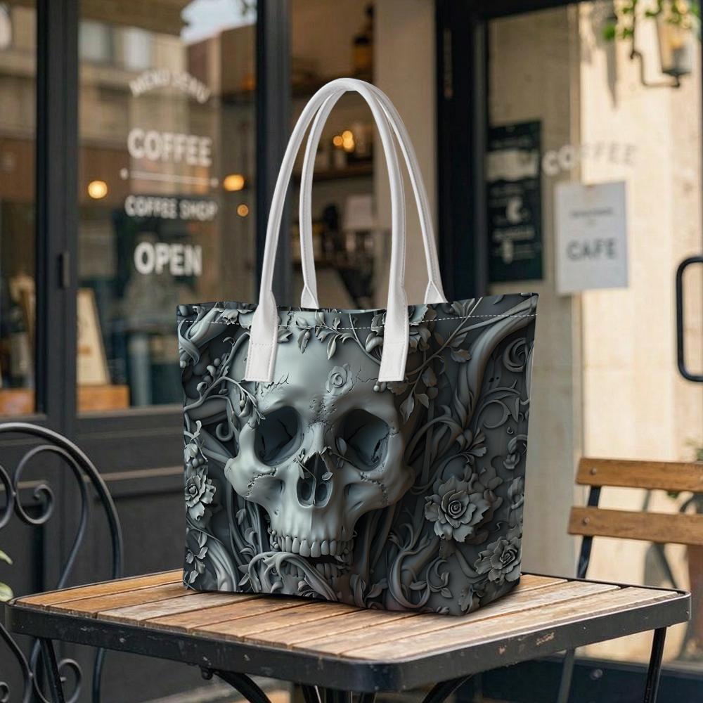 Gothic Skull Print Shoulder Bag Dark Style Casual Tote Purse Skull Floral Pattern Carryall