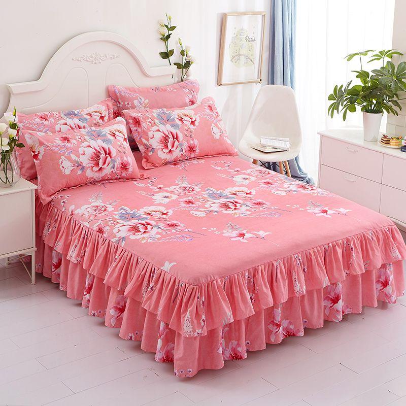 Print Soft Bed Skirt Home Bedroom Double Layers Bed Skirt Bedsheet Bed Cover Skirt Non-slip Mattress Cover Couvre Lit Bedspread