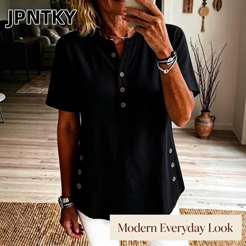 JPNTKY Women's Fashion Casual V-Neck Short Sleeve Blouses & Shirts