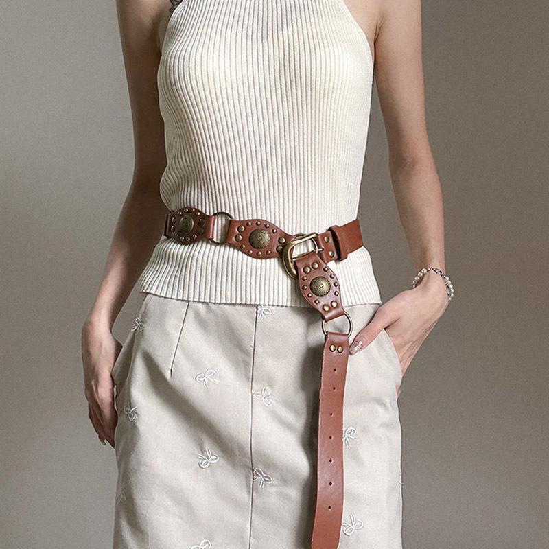 Women's 2025 High-End Leather Belt with Rivets - Trendy Wasteland Style for Skirts & Jeans